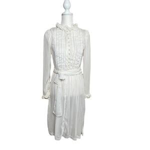 vintage 60s 70s victorian 2 pieces sheer midi dress Shirred Ruffle Neck Ivory